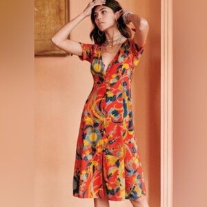 Sezane Vic Dress Fleurs Multico Fond Orange - Size 34